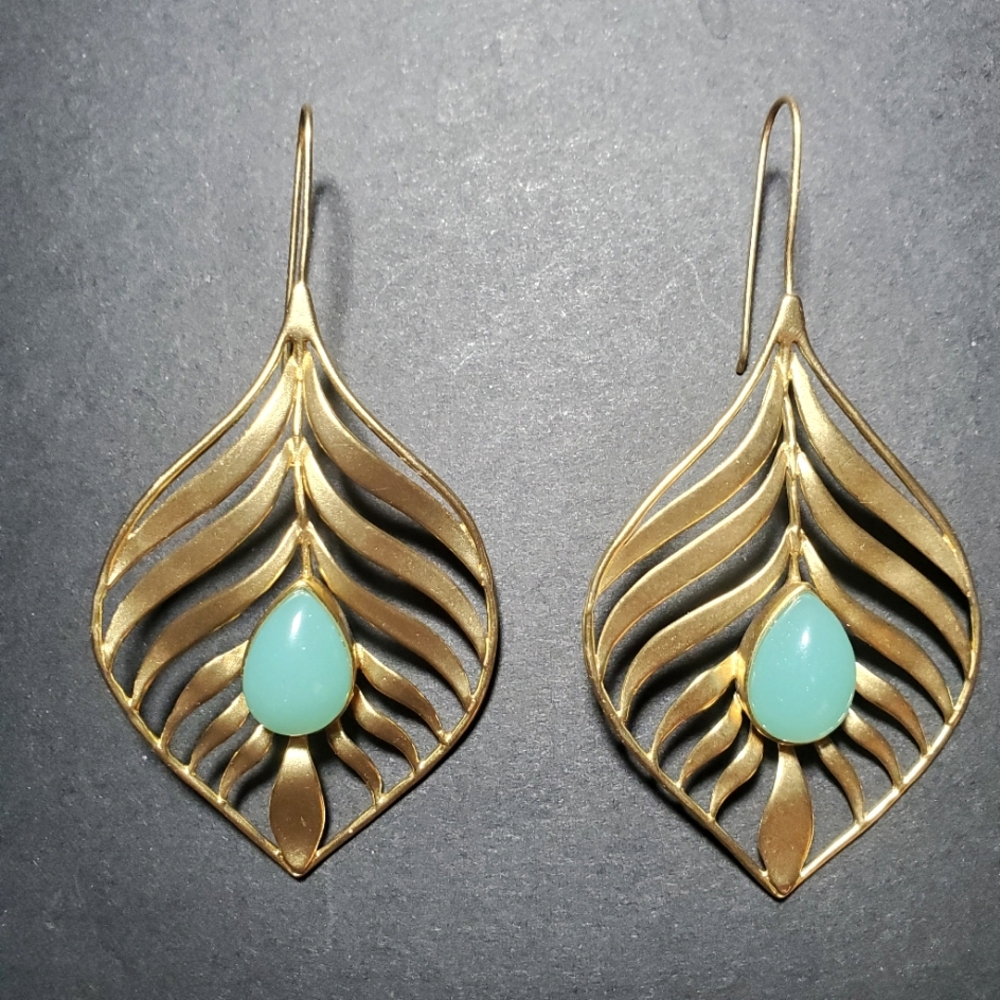 14K GOLD PLATED Handcrafted Leaf Shaped with Turquoise Glass Teardrop